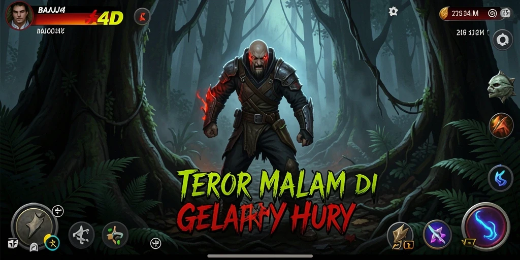 Tampilan gameplay menyeramkan di BAJAJ4D saat menjelajahi hutan gelap.