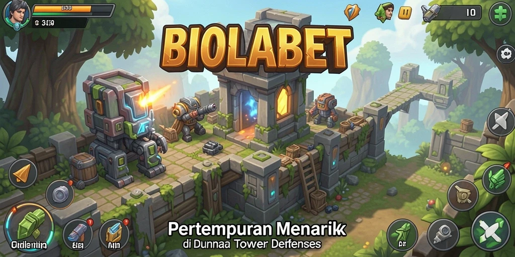 Tampilan dinamis gameplay Tower Defense dalam BIOLABET.