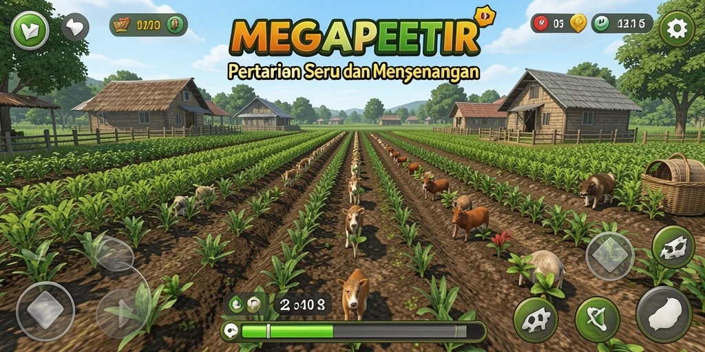 Tampilan gameplay seru di MEGAPETIR dengan aktivitas bertani.