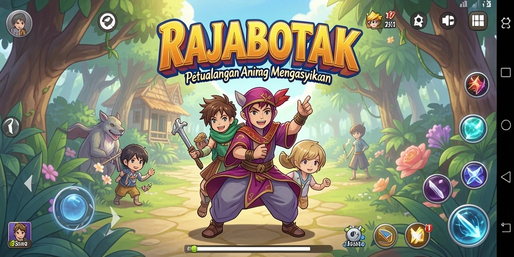 Screenshot utama dari RAJABOTAK menampilkan aksi seru dalam gaya anime.