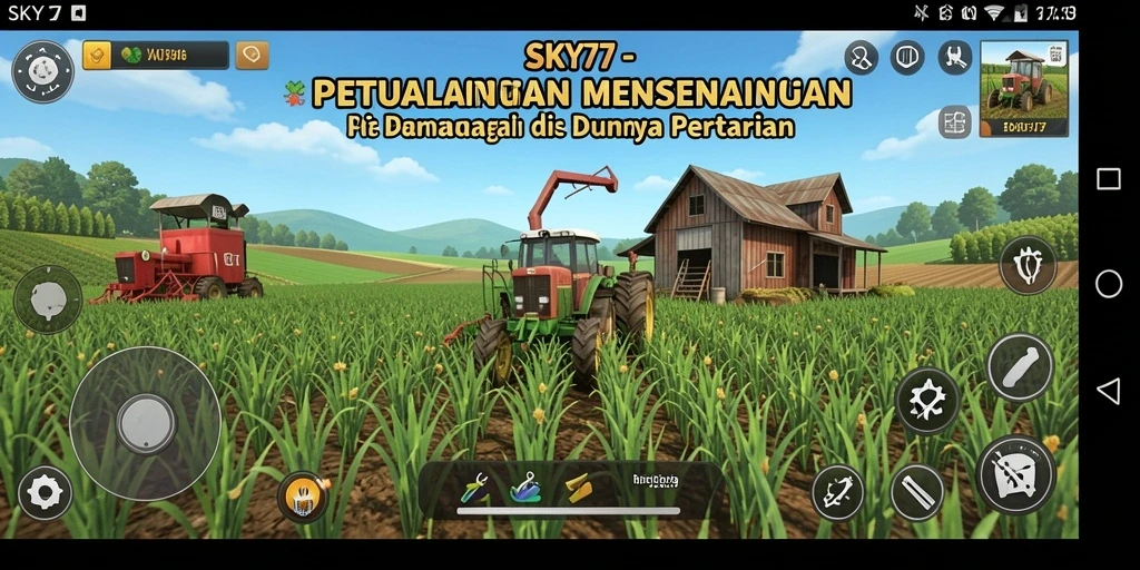 Tangkapan layar menunjukkan pemain mengelola kebun penuh tanaman dan hewan.
